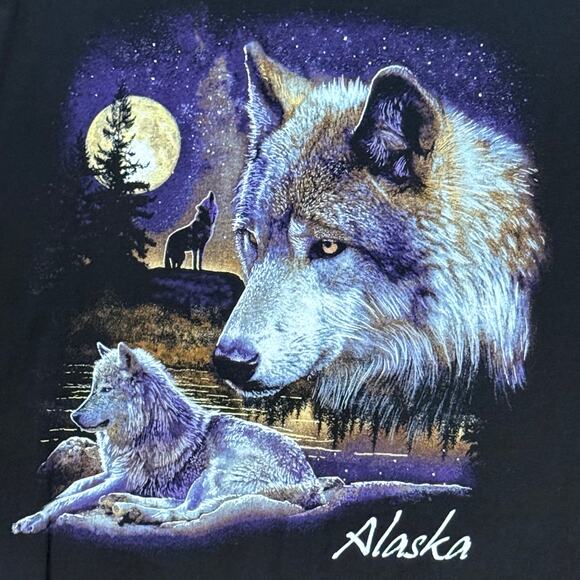 VTG Y2K Delta Pro Weight Alaska T-Shirt Mens Black Wolves Moon Graphic Print M - Picture 4 of 5